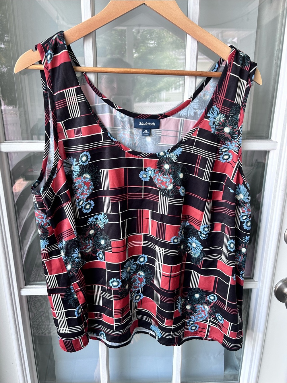 Modcloth office wear Red & Black Floral Plaid Sleeveless Tank Top xl